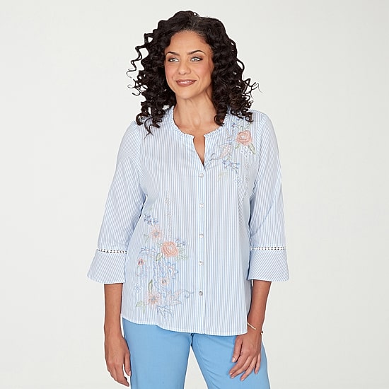 Alfred Dunner St Augustine Womens Split Crew Neck 3/4 Sleeve Embroidered Blouse