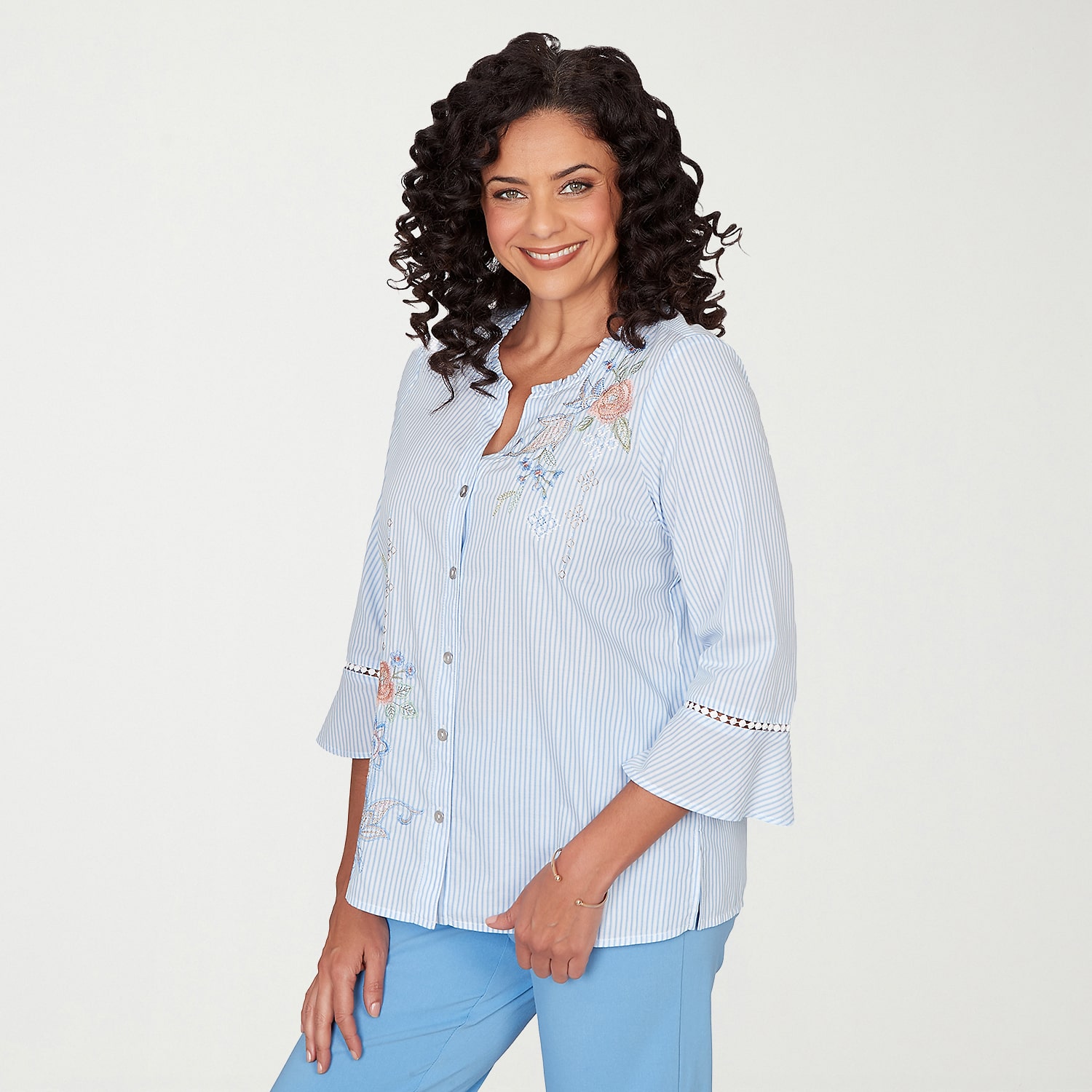 Alfred Dunner St Augustine Womens Split Crew Neck 3/4 Sleeve Embroidered Blouse