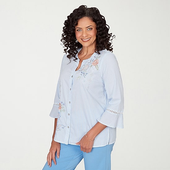 Alfred Dunner St Augustine Womens Split Crew Neck 3/4 Sleeve Embroidered Blouse