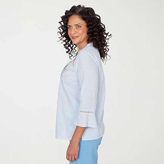 Alfred Dunner St Augustine Womens Split Crew Neck 3/4 Sleeve Embroidered Blouse