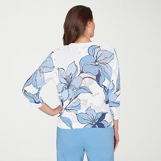 Alfred Dunner St Augustine Womens Crew Neck 3/4 Sleeve Floral Pullover Sweater