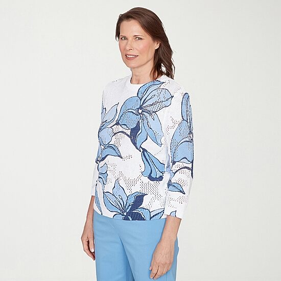 Alfred Dunner St Augustine Womens Crew Neck 3/4 Sleeve Floral Pullover Sweater