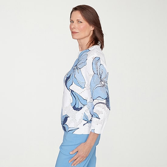 Alfred Dunner St Augustine Womens Crew Neck 3/4 Sleeve Floral Pullover Sweater
