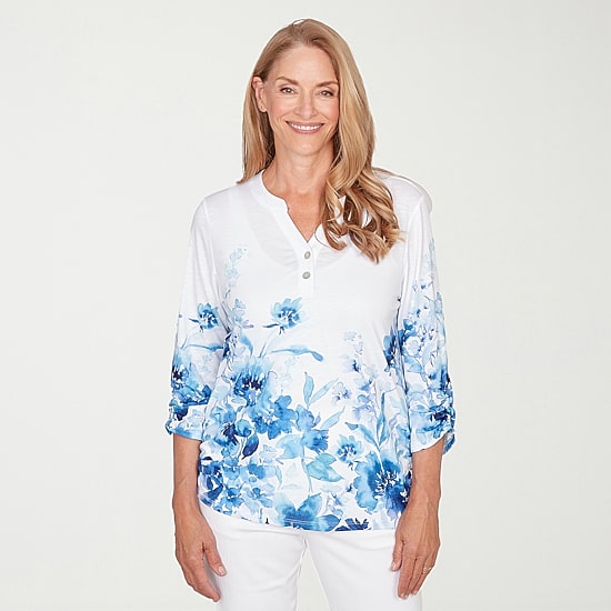Alfred Dunner Mykonos Womens Y Neck 3/4 Sleeve T-Shirt