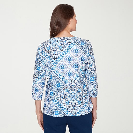 Alfred Dunner Mykonos Womens V Neck 3/4 Sleeve T-Shirt