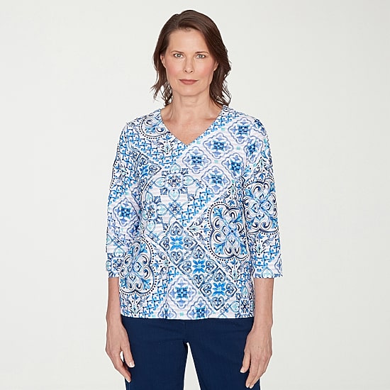 Alfred Dunner Mykonos Womens V Neck 3/4 Sleeve T-Shirt