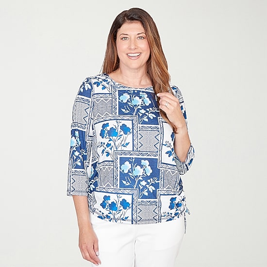 Alfred Dunner Mykonos Womens Crew Neck 3/4 Sleeve T-Shirt