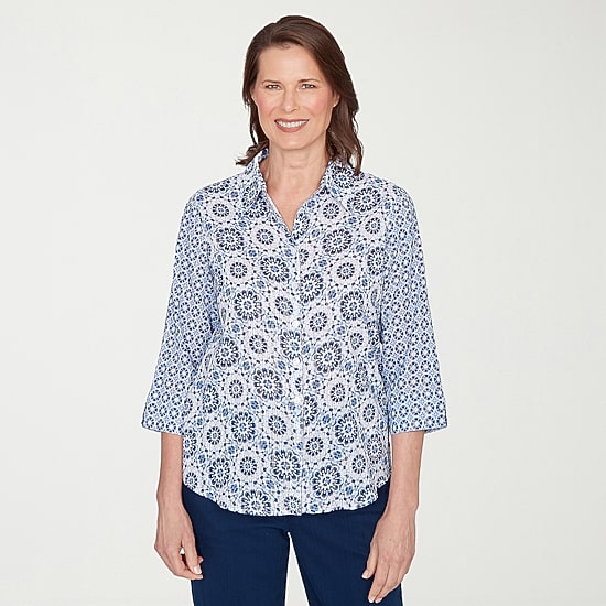 Alfred Dunner Mykonos Womens Cuffed 3/4 Sleeve Regular Fit Button-Down Shirt