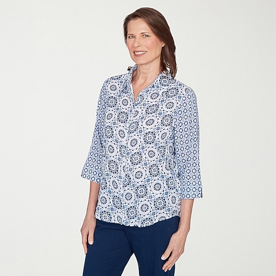 Alfred Dunner Mykonos Womens Cuffed 3/4 Sleeve Regular Fit Button-Down Shirt