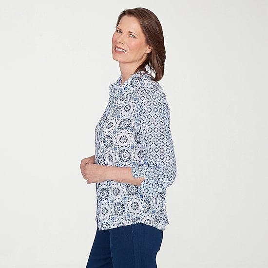 Alfred Dunner Mykonos Womens Cuffed 3/4 Sleeve Regular Fit Button-Down Shirt