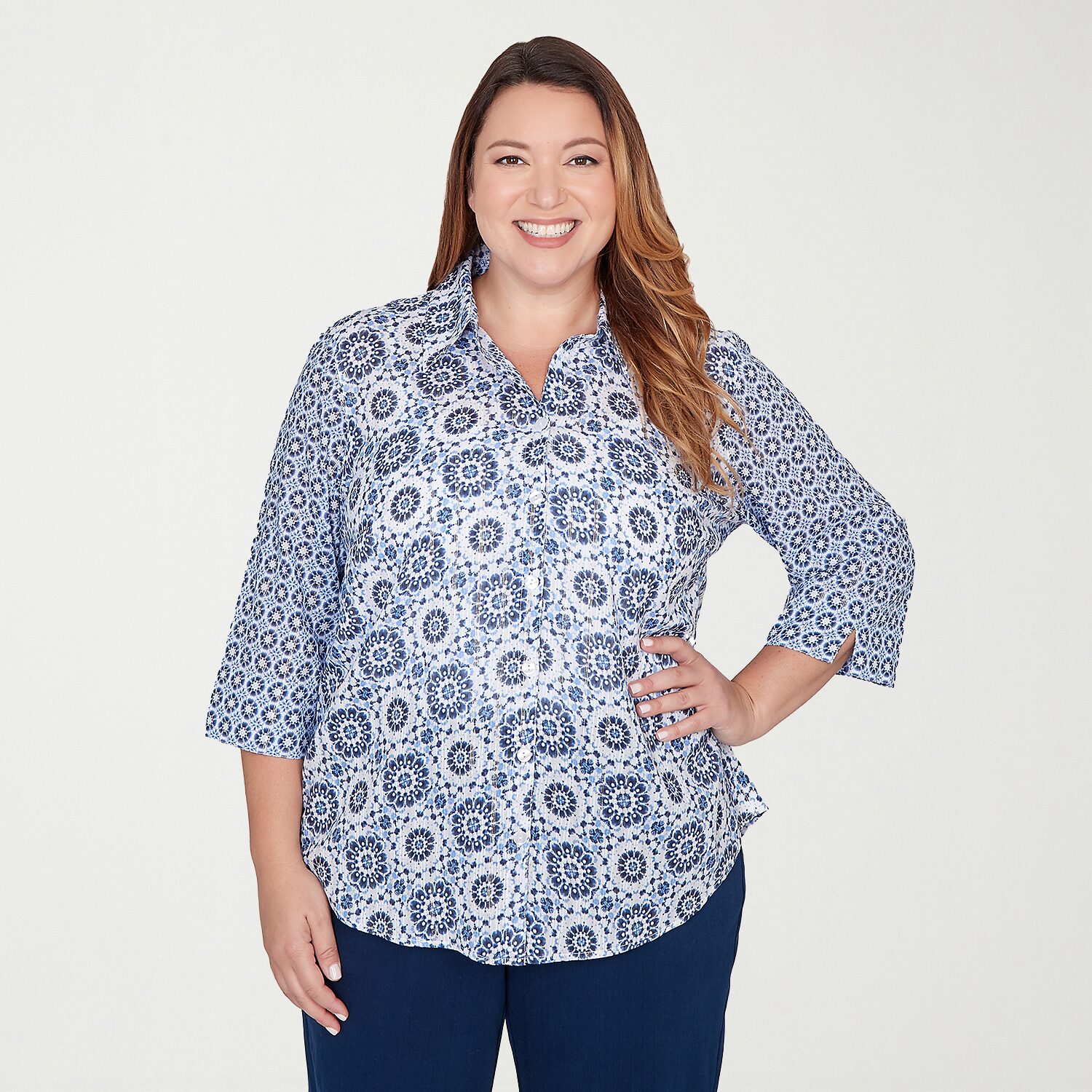 Alfred Dunner Mykonos Womens Plus 3/4 Sleeve Regular Fit Button-Down Shirt