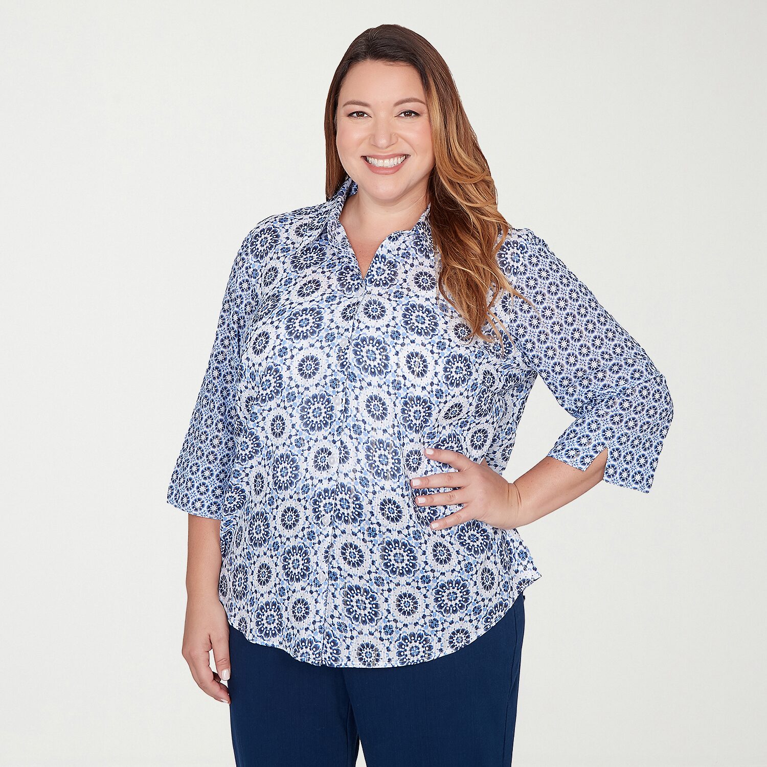 Alfred Dunner Mykonos Womens Plus 3/4 Sleeve Regular Fit Button-Down Shirt