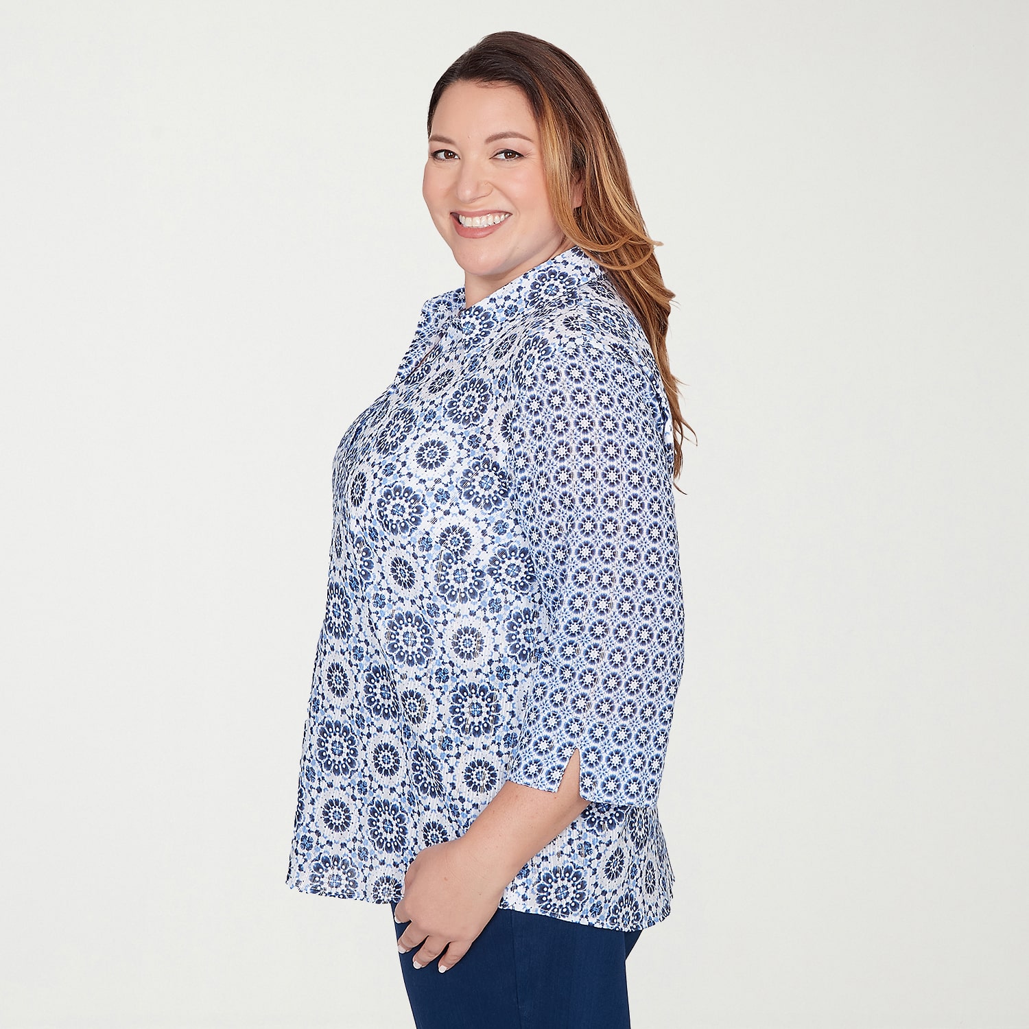 Alfred Dunner Mykonos Womens Plus 3/4 Sleeve Regular Fit Button-Down Shirt