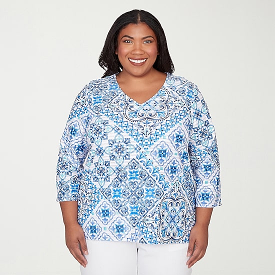 Alfred Dunner Mykonos Womens Plus V Neck 3/4 Sleeve T-Shirt
