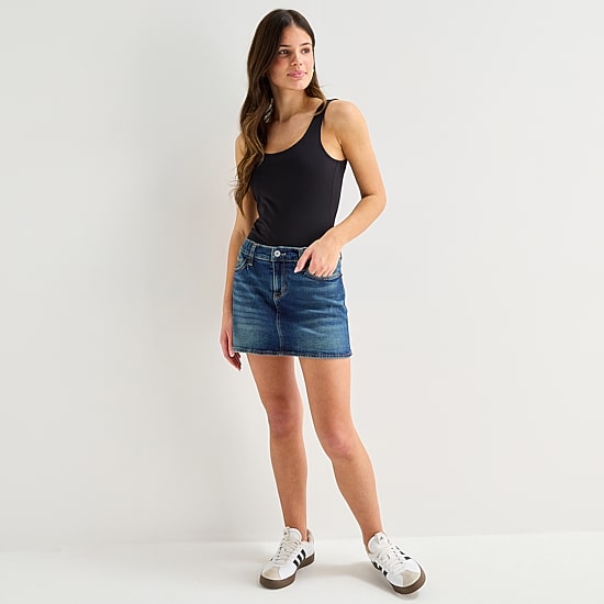Arizona Womens Juniors Mid Rise Midi Denim Skirt