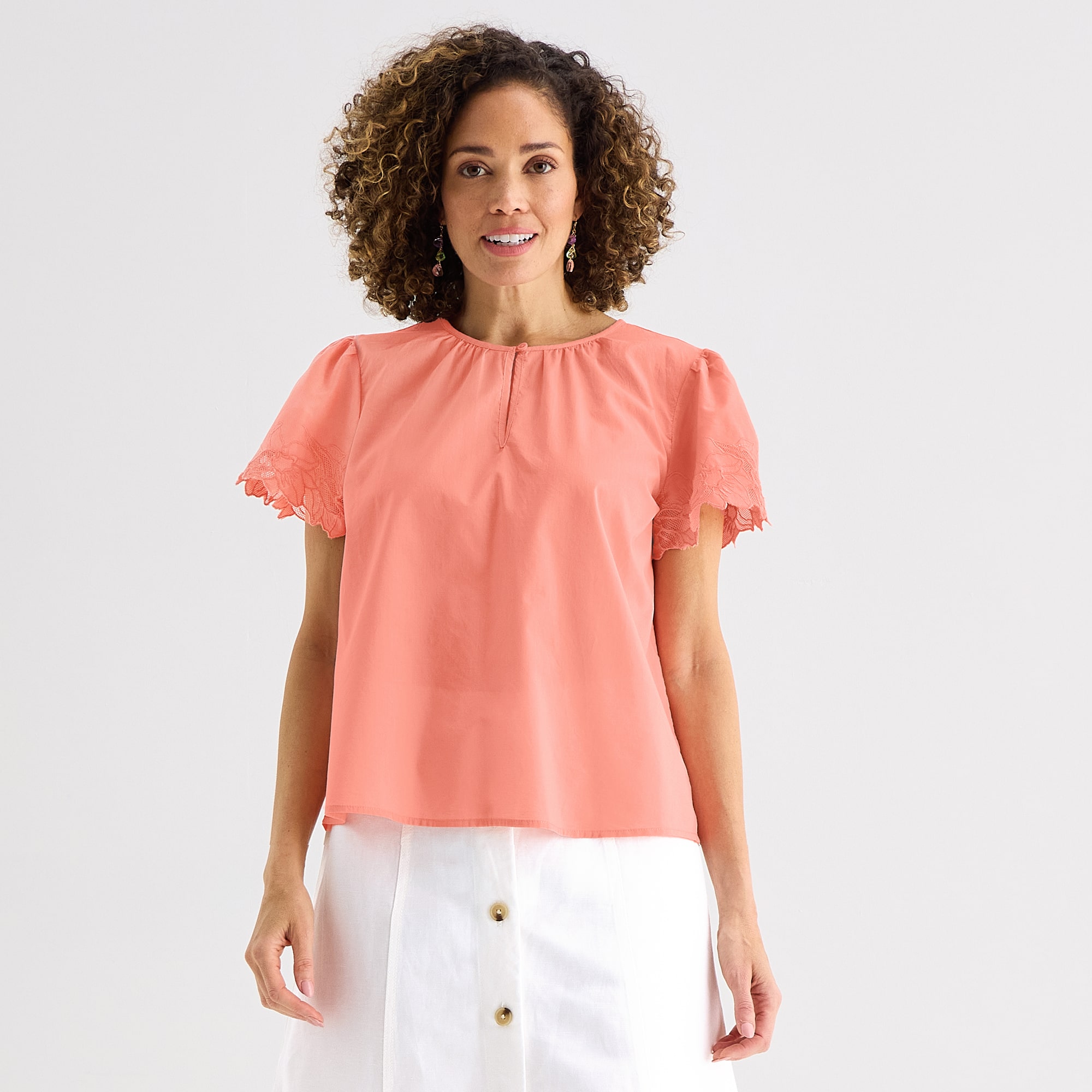 Liz Claiborne Womens Keyhole Neck Short Sleeve Embroidered Blouse