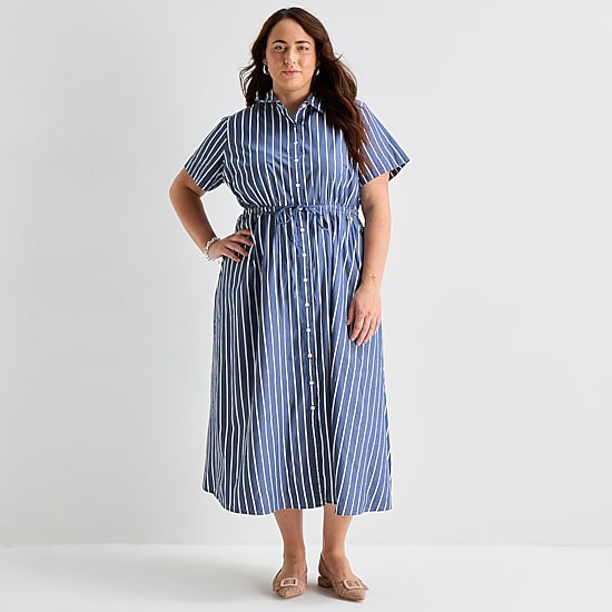 St. John's Bay Womens-Plus Short Sleeve Midi Shirt Dress