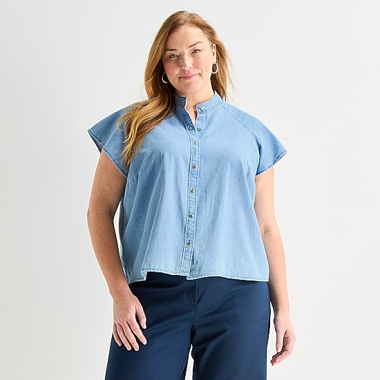 Liz Claiborne Womens Plus Mock Neck Short Sleeve Blouse