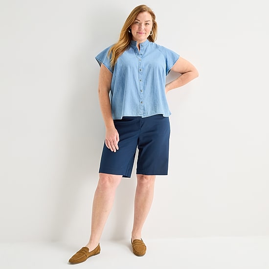 Liz Claiborne Womens Plus Mock Neck Short Sleeve Blouse