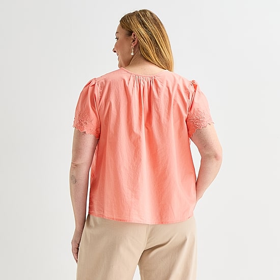 Liz Claiborne Womens Plus Keyhole Neck Short Sleeve Blouse