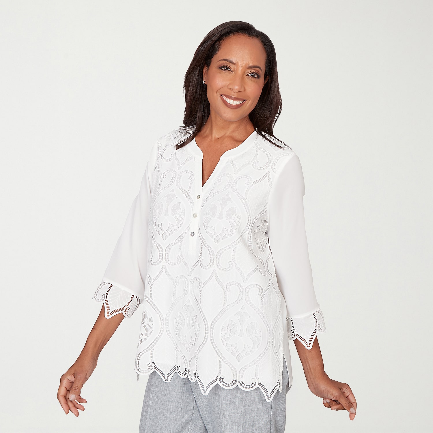 Alfred Dunner Al Fresco Womens Y Neck 3/4 Sleeve Lace Blouse