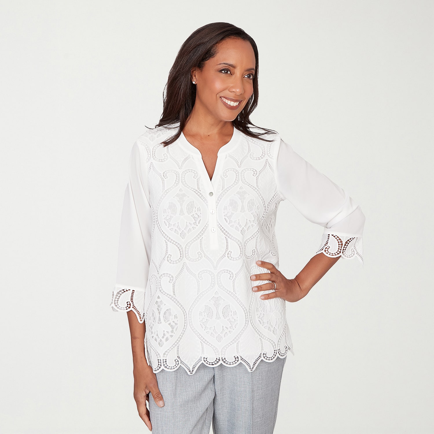 Alfred Dunner Al Fresco Womens Y Neck 3/4 Sleeve Lace Blouse