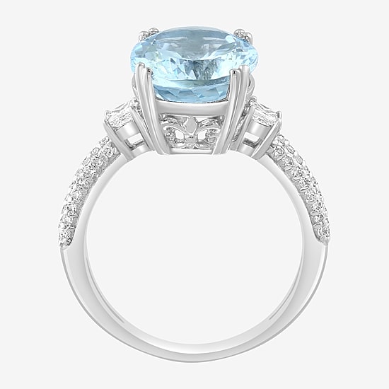 Effy Final Call Womens Genuine Blue Aquamarine & 1/10 CT. T.W. Natural Diamond 14K White Gold Oval Cocktail Ring