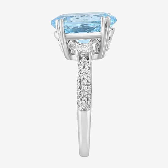 Effy Final Call Womens Genuine Blue Aquamarine & 1/10 CT. T.W. Natural Diamond 14K White Gold Oval Cocktail Ring
