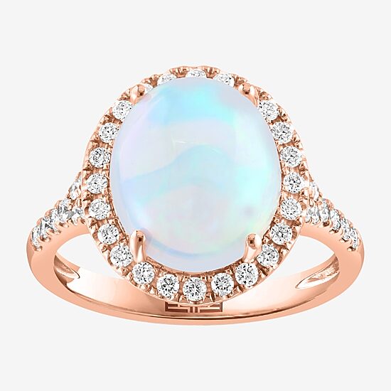 Effy Final Call Womens Genuine White Opal & 3/8 CT. T.W. Natural Diamond 14K Rose Gold Oval Halo Side Stone Cocktail Ring