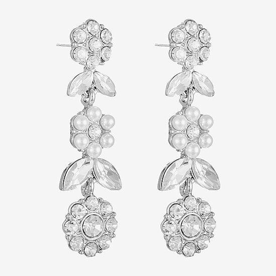 Monet Jewelry Timeless Silver Tone Womens Glass Simulated Pearl Flower Hypoallergenic Drop Earrings