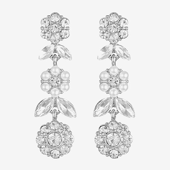 Monet Jewelry Timeless Silver Tone Womens Glass Simulated Pearl Flower Hypoallergenic Drop Earrings