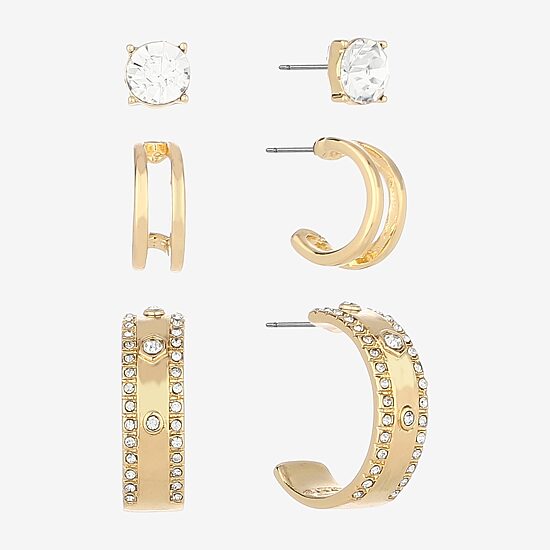 Monet Jewelry Gold Tone Womens Glass Round Hypoallergenic 3 Pair Earring Set
