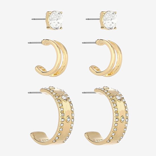 Monet Jewelry Gold Tone Womens Glass Round Hypoallergenic 3 Pair Earring Set