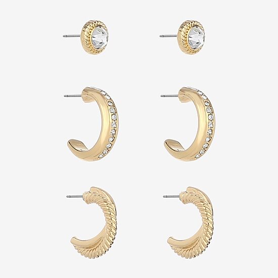 Monet Jewelry Gold Tone Womens Glass Round Hypoallergenic 3 Pair Earring Set