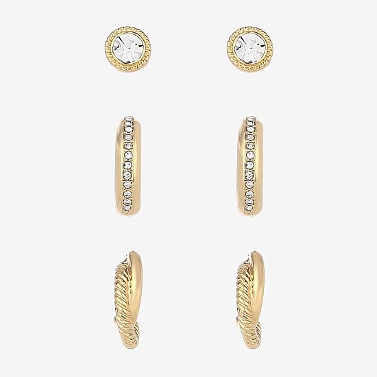 Monet Jewelry Gold Tone Womens Glass Round Hypoallergenic 3 Pair Earring Set