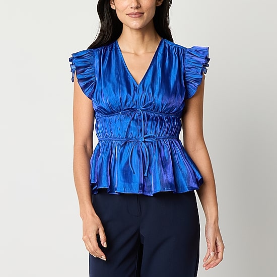 Laurel Grey Womens V Neck Short Sleeve Blouse