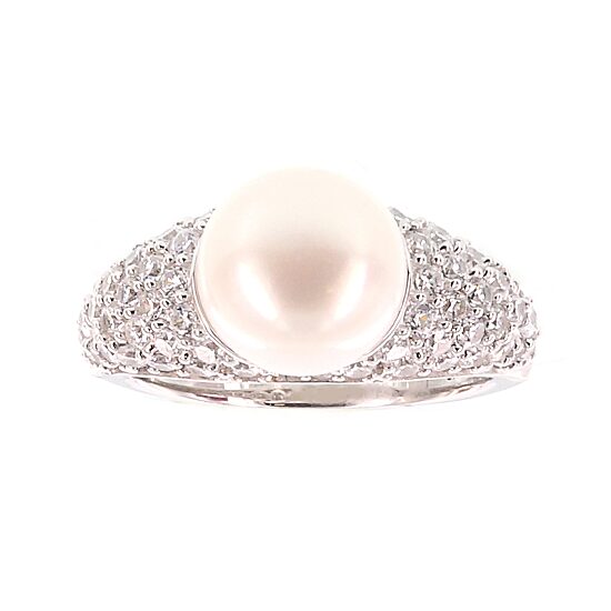 DiamonArt® Cultured Freshwater Pearl and Cubic Zirconia Sterling Silver Ring