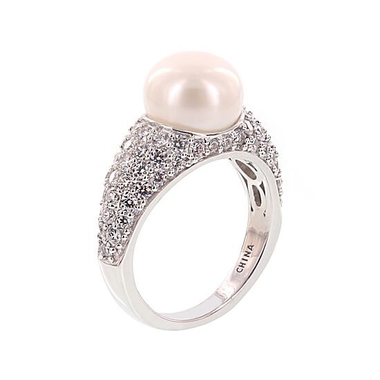 DiamonArt® Cultured Freshwater Pearl and Cubic Zirconia Sterling Silver Ring