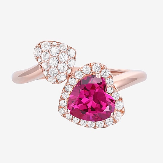 Gemstone 14K Rose Gold Over Silver Heart Halo Bypass Cocktail Ring