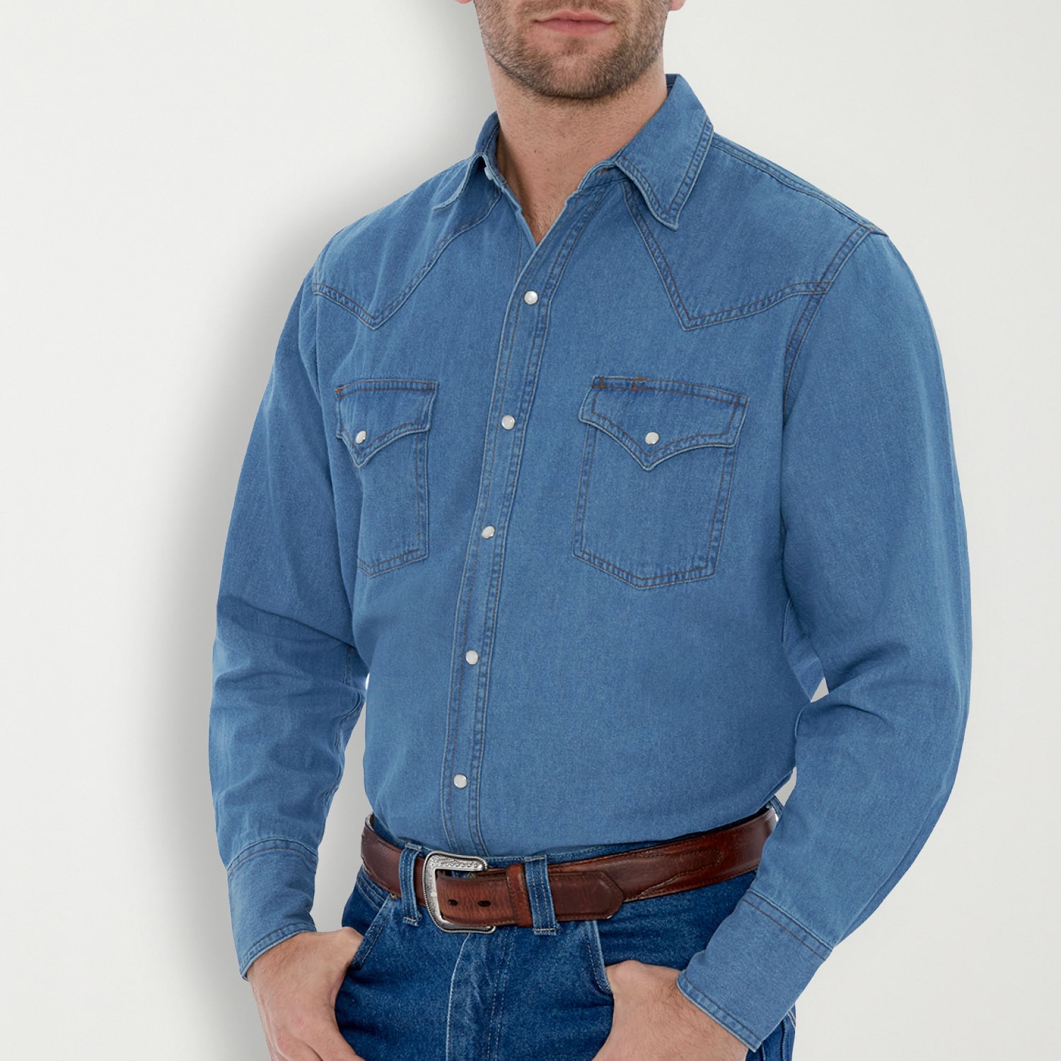 Ely Cattleman Bleached Denim Mens Long Sleeve Western Shirt