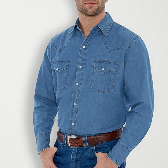 Ely Cattleman Bleached Denim Mens Long Sleeve Western Shirt