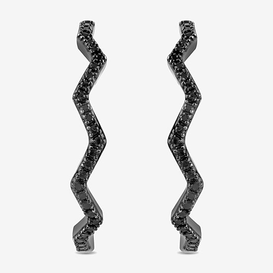 Midnight Black Zig-Zag Womens 1/10 CT. T.W. Natural Black Diamond Sterling Silver 27.4mm Hoop Earrings