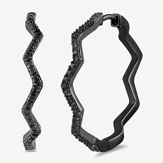 Midnight Black Zig-Zag Womens 1/10 CT. T.W. Natural Black Diamond Sterling Silver 27.4mm Hoop Earrings