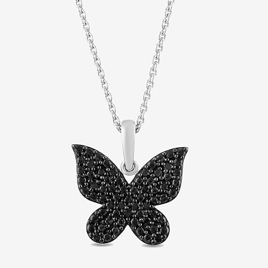 Womens 1/10 CT. T.W. Natural Black Diamond Sterling Silver Butterfly 18 Inch Pendant Necklace