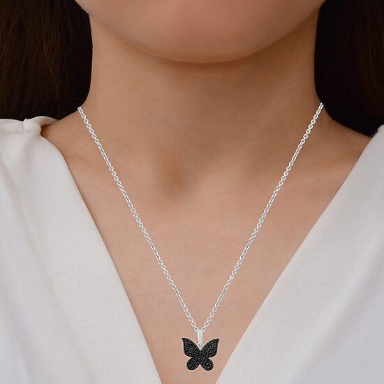 Womens 1/10 CT. T.W. Natural Black Diamond Sterling Silver Butterfly 18 Inch Pendant Necklace