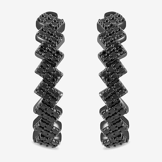Midnight Black Zig-Zag Womens 1/5 CT. Natural Black Diamond Sterling Silver 22.1mm Hoop Earrings