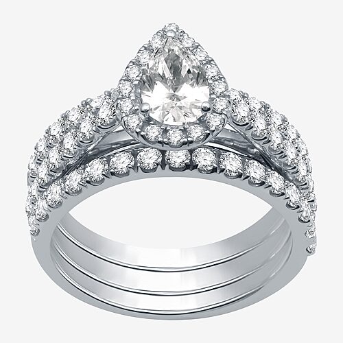 (H-I / I1) Womens 2 CT. T.W. Lab Grown White Diamond 10K Gold Pear Side Stone Halo Bridal Set, 9, White