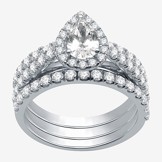 (H-I / I1) Womens 2 CT. T.W. Lab Grown White Diamond 10K Gold Pear Side Stone Halo Bridal Set