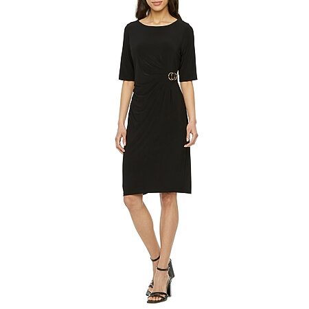 liz claiborne short sleeve midi sheath dress Liz Claiborne Midi Sheath dress 4 Black 100% Linen Buttons Short Sleeves  Classic