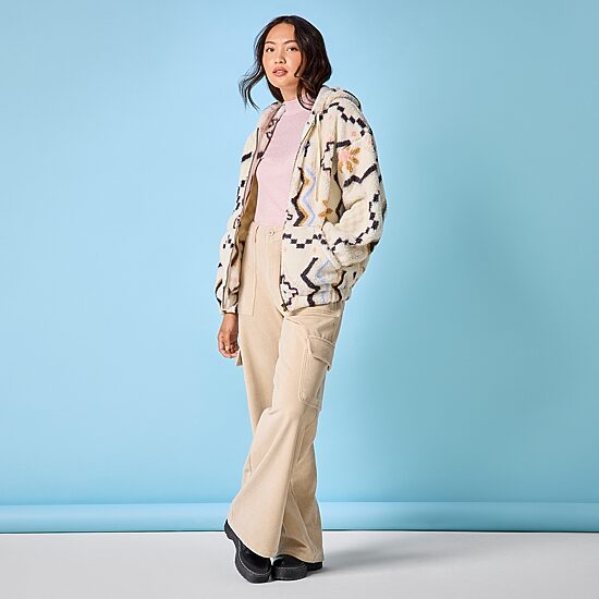 Arizona Jeans Co. Printed Hooded Sherpa Jacket, Long-Sleeve Top, Knit Cargo Pants, Moto Combat Boots, I Dew Care Face Mask